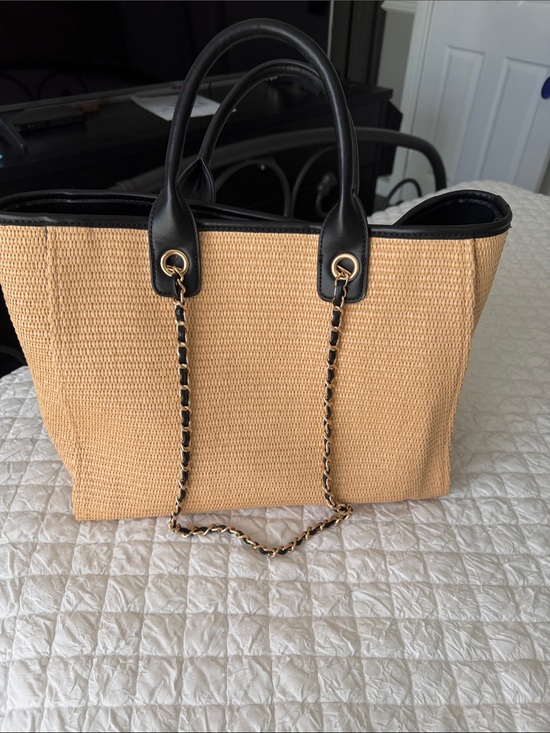 Urban Expressions Handbags - Urban Expressions Tan Woven Tote with Black Trim and Gold Chain
